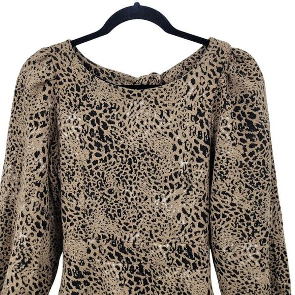 Anthropologie Leopard Cutout Back Mini Dress Sz 6 Puff Sleeves Ruffle Hem Knit - Picture 6 of 12